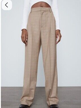 NWT Zara Houndstooth Trousers High Waisted S Tall Long Plaid Pants